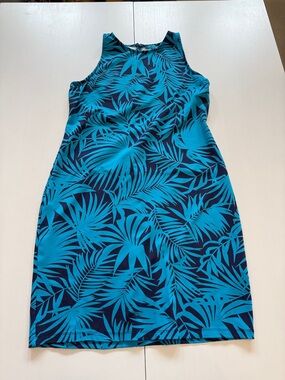 Tori Richard Teal & Navy Tropical Leaf Midi Dress